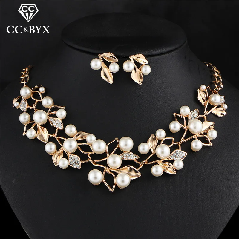 CC Necklace Drop Earrings Fashion Jewelry Sets 2pcs Imitation Pearl Mariage Fine Gift Wedding Elegant Crystal Leaf Shape YH162