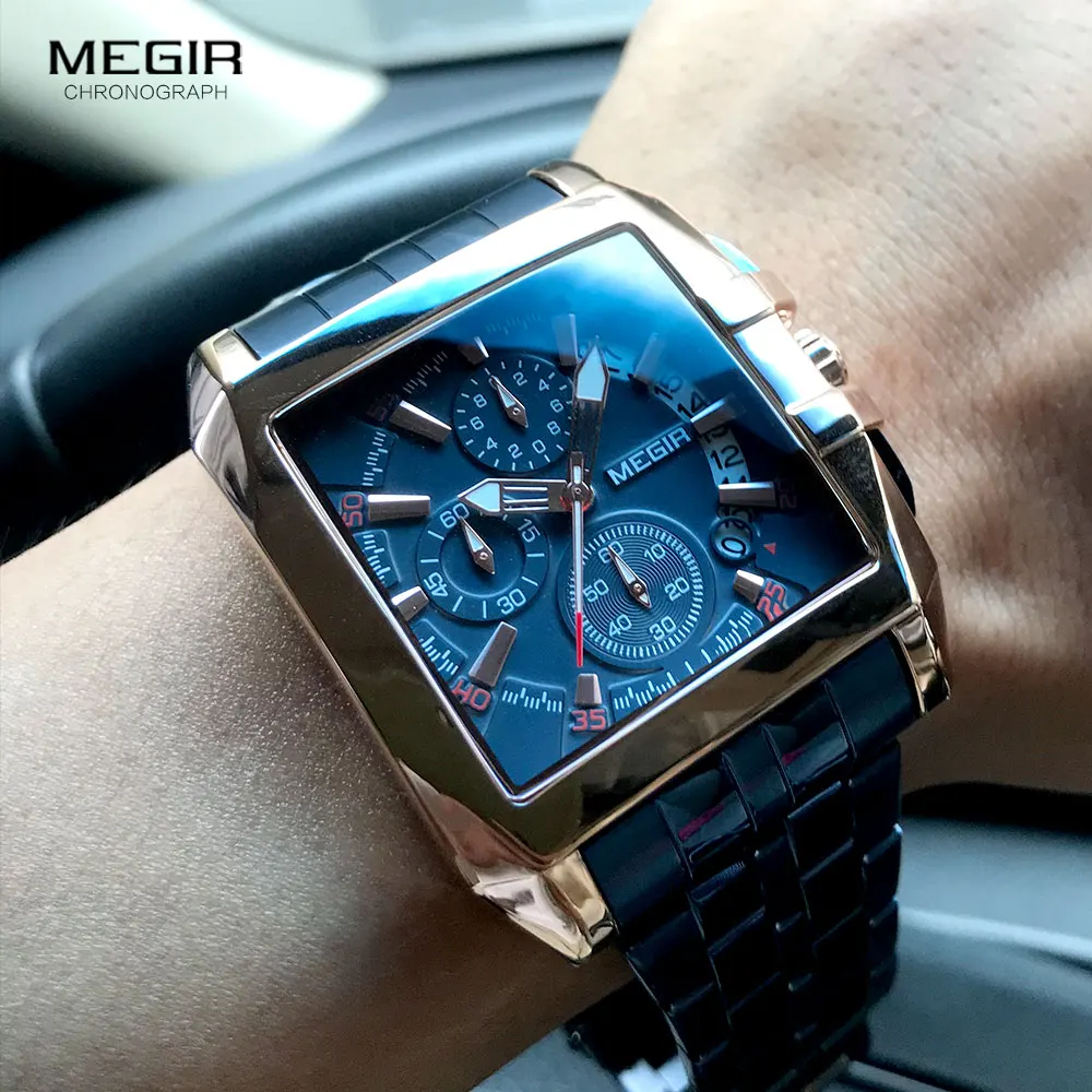 MEGIR Men\'s Stainless Steel Watches Men Fashion Luxury Blue Rose Gold Wristwatch Man Waterproof Luminous Military Sport Watch