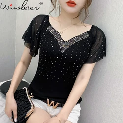 Summer Fashion Korean Clothes T-Shirt Sexy V-Neck Diamonds Cotton Women Tops Ruffled Sleeve Tees All Match 2026 New T07601