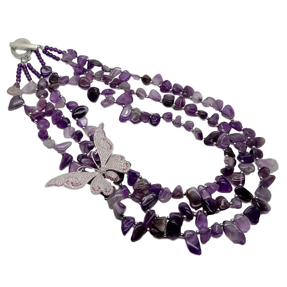 Y·YING 3 strands Natural Purple Amethysts top-drilled fancy choker Necklace CZ Pave Butterfly Connector