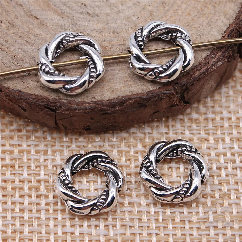 

72pcs 11x11mm antique silver Hemp rope-shaped beads charms diy retro jewelry fit Earring keychain hair card pendant