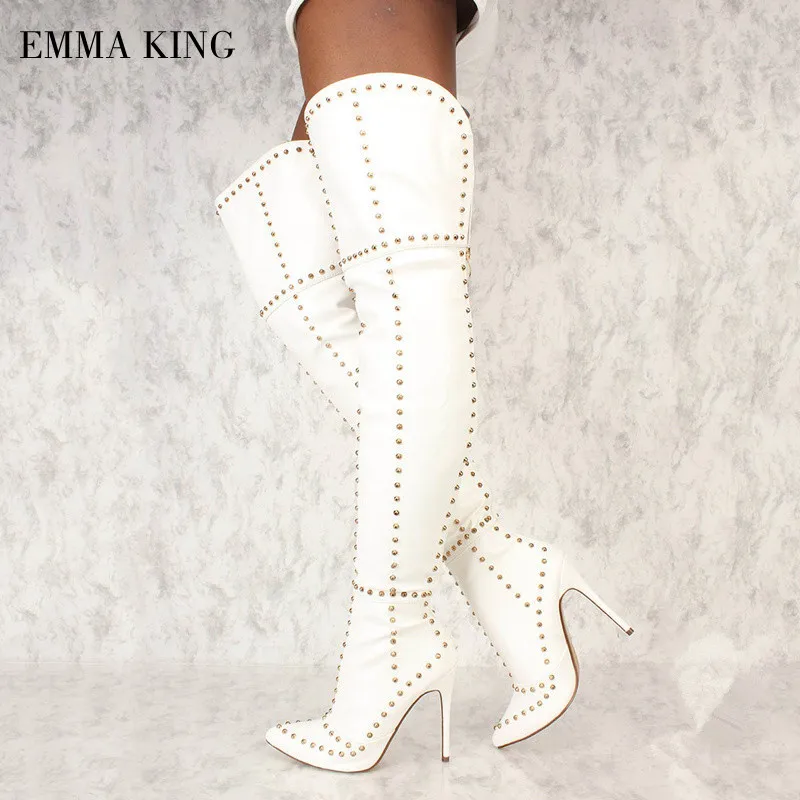 Autumn Winter Women Rivet Embellished Boots White Faux Suede Over the Knee Long Botas Sexy Female Thigh High Shoes Botas Mujer