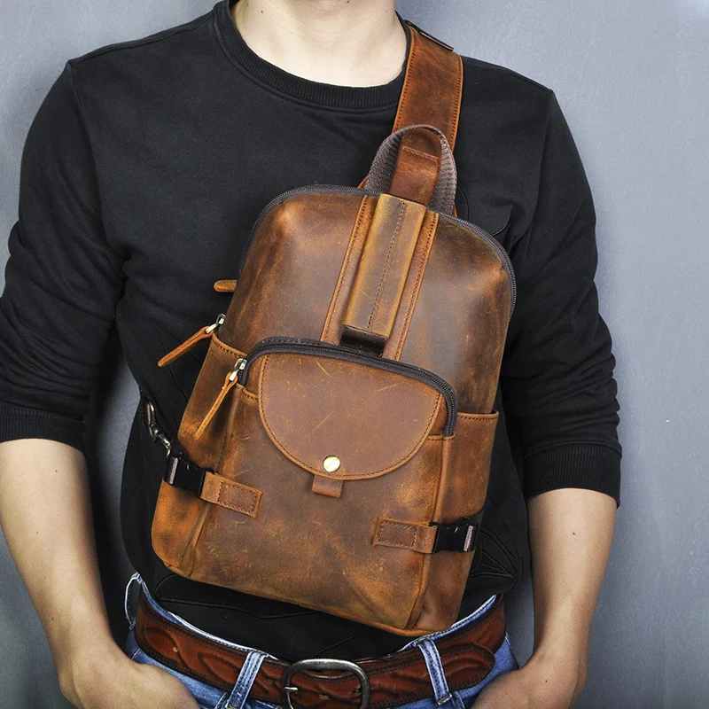 Crazy Horse Leather Men Casual Fashion Travel Triangle Chest Sling Bag Design 10\