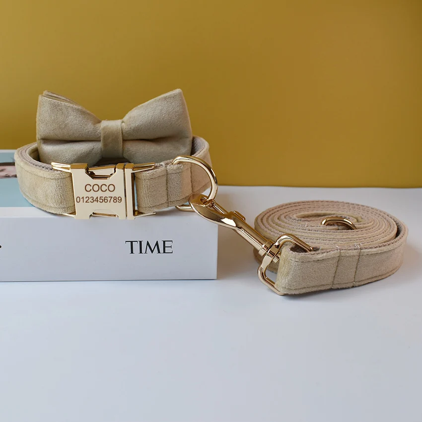 Free Engrave Fabric Dog Collar Leash Set For Medium Big Pet Necklace With Bow Tie Khaki Velvet Name Necklace Flannelette 09