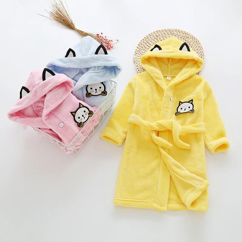 Kids Cartoon Cat Robes New Winter Baby Girl  Bathrobe Sleepwear Robe For Children Flannel Hooded Pajamas Boys Homewear Clothing