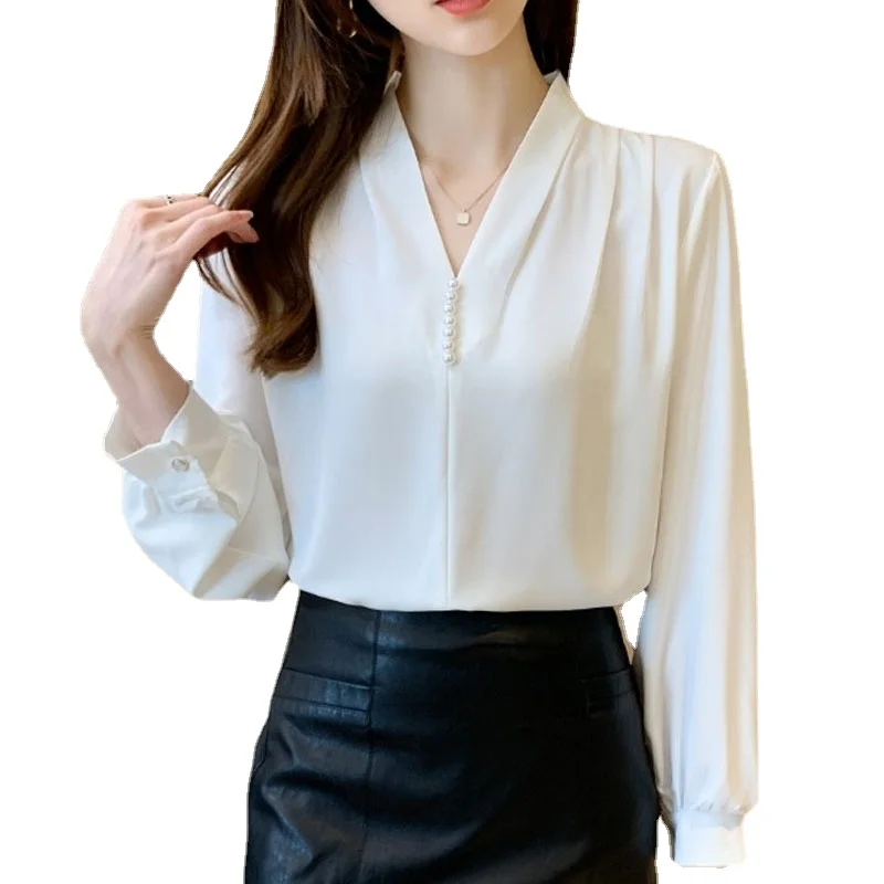 Shirt Female Tops Autumn White Long Sleeve French Style V-neck Blouses Women Blusas Mujer Button Solid Dropshipping Clothes 1476