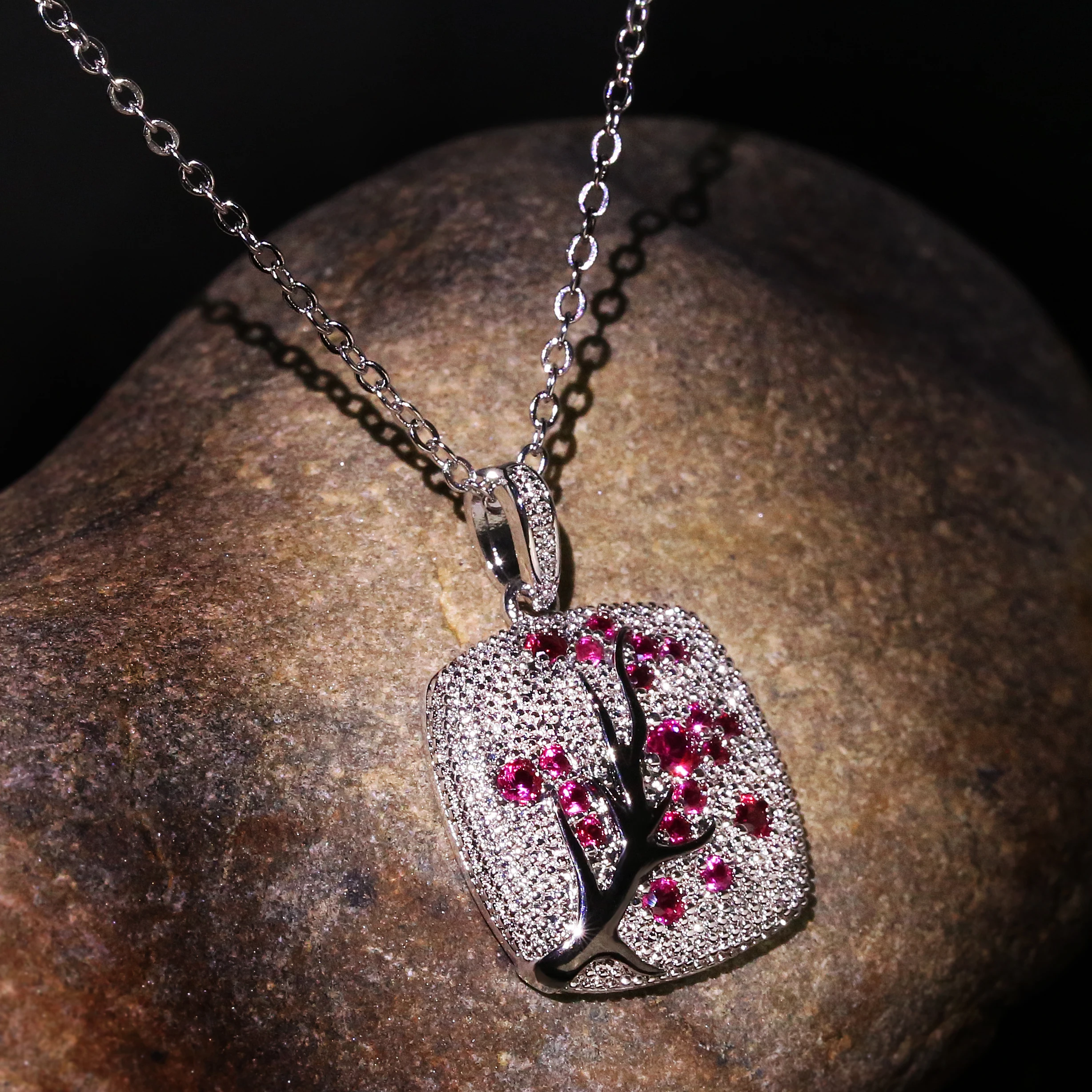 Fine Jewelry red zircon Leaves branch Pendant For Women branch Sparkling Pink Cherry Tree CZ Delicate Fashion