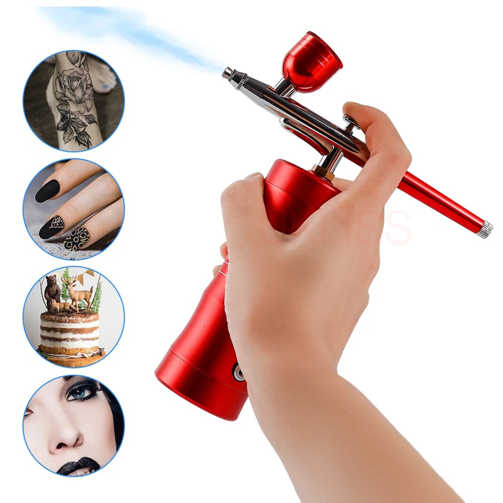 Top 0.4mm Pink Mini Air Compressor Kit Air-Brush Paint Spray Gun Airbrush For Nail Art Tattoo Craft Cake Nano Fog Mist Sprayer