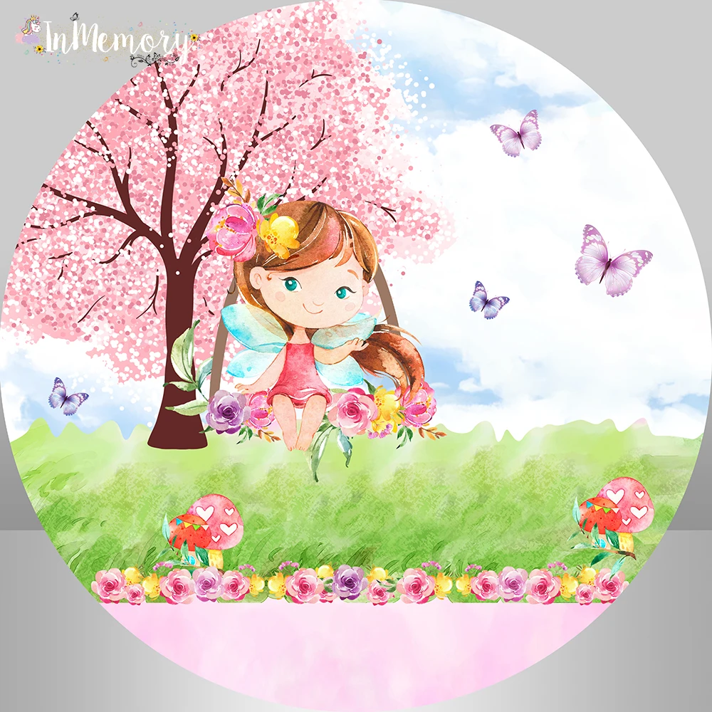 

Butterfly theme Photo Background Tree Grass Floral Fairy Girl Princess Birthday Party Round Backdrops Elastic Cover