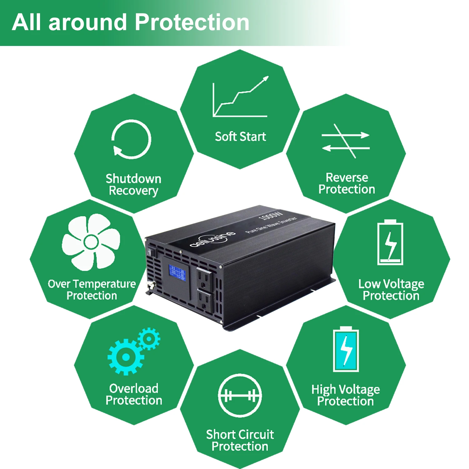 2000W Peak Pure Sine Wave Solar Inverter Power 1000W 12V/24V/36V/48V DC to 120V/220V/230V/240V AC Voltage Converter LCD Display