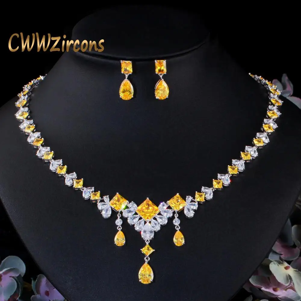 CWWZircons Gorgeous Dubai Yellow Cubic Zirconia Stone Big Dangle Water Drop Wedding Bridal Costume Necklace Jewelry Sets T472