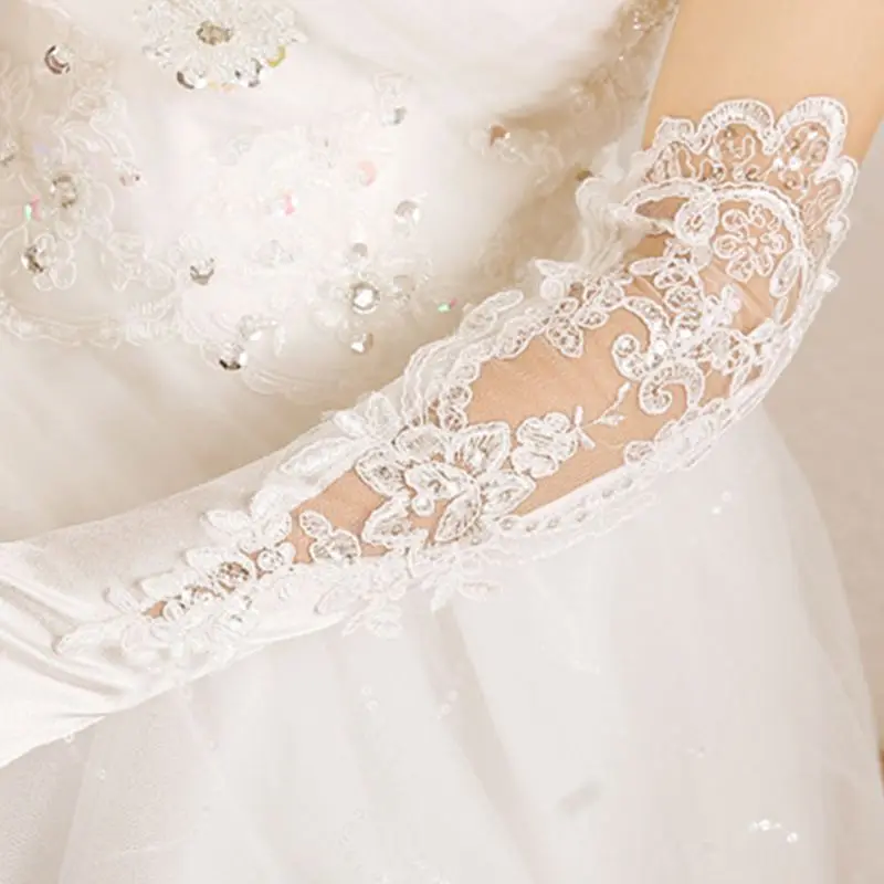 Wedding Bridal Banquet Long Gloves Hollow Embroidery Sequins Floral Lace Applique Elbow Length Full Finger Satin Mittens