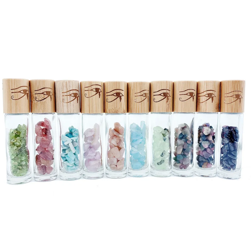 

Gemstone Roller Bottle Nature Quarz Essential Oil Bottle The Eye of Horus Bamboo Cover Grain Cover 10ml Travel Vials 10pcs P256