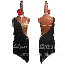 Adulto Backless Saia De Dança Latina, Saia De Desempenho De Competição, Saia De Prática Sexy, Borla Preta, Personalizado