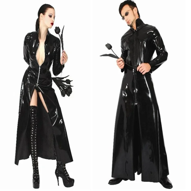 Sexy Plus Size Vinyl Clubwear Balck Pvc Faux Leather Long Sleeves Gothic Long Coat For Men Women PU Leather Coat Trench