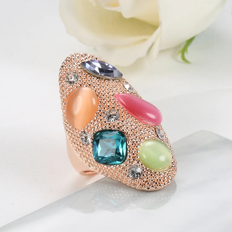 Kinel Fashion Colorful Opal Stone Big Ring For Women 585 Rose Gold Vintage Wedding Jewelry Party Crystal Gift Ring Drop Shipping