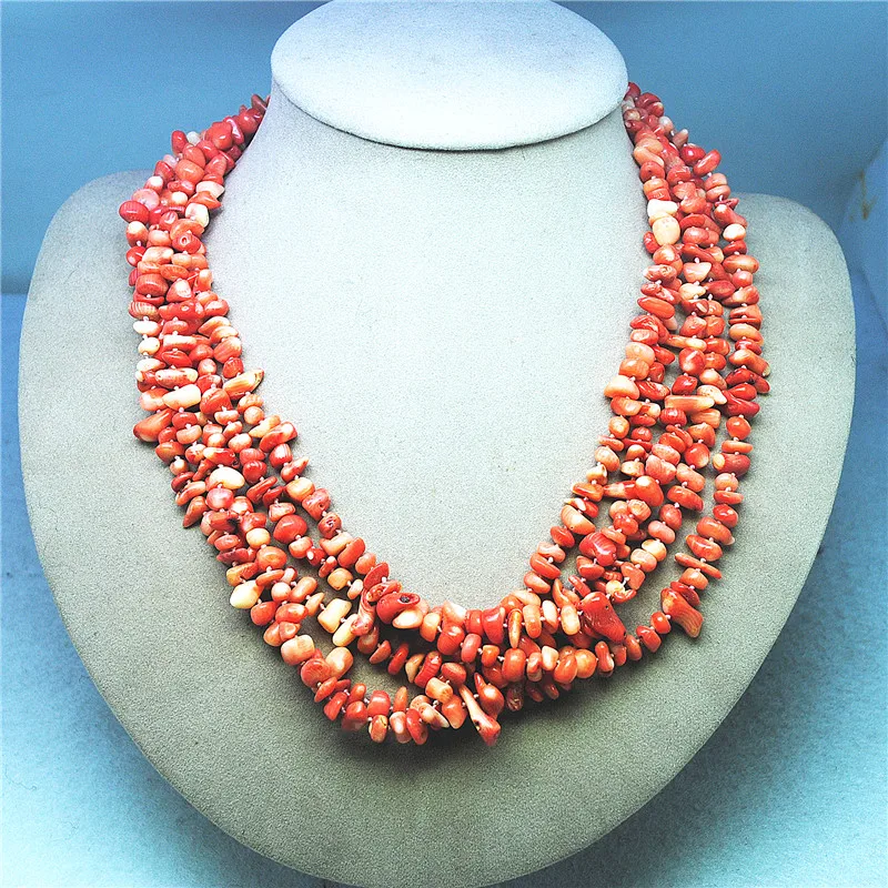 

1PC Nature Coral Necklace Handmade With Ropes 52CM Length Beads Chips Five Lines Fashion Jewelry Party Wearing With Clasps Hots