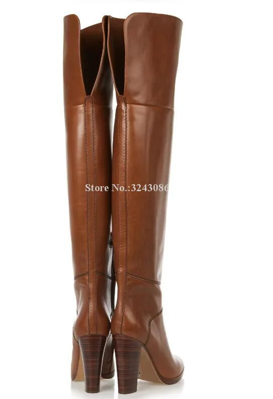 New Brown Leather Chunky Heel Women Long Boots Brand Design Large Size Over the Knee Boots Celebrity Banquet Shoes Dropship