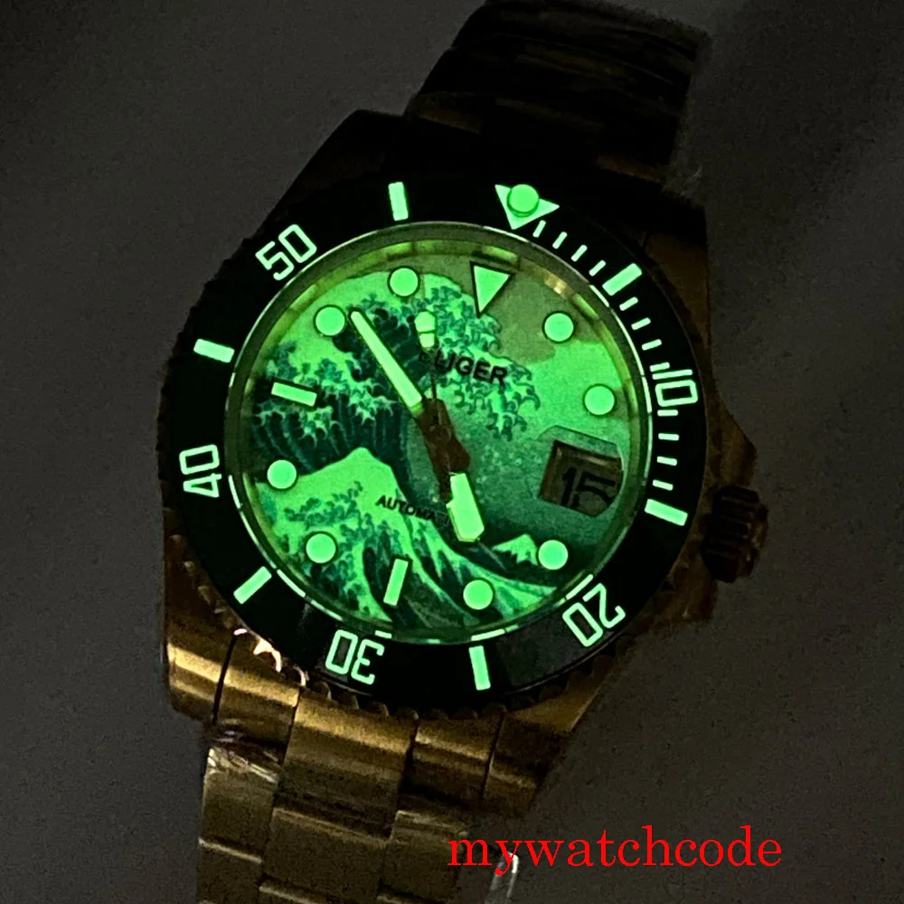 BLIGER Luxury 24 Jewels NH35 Automatic Men Watch Clock Gold Plated Calendar Bracelet Rotating Bezel Luminous Marks