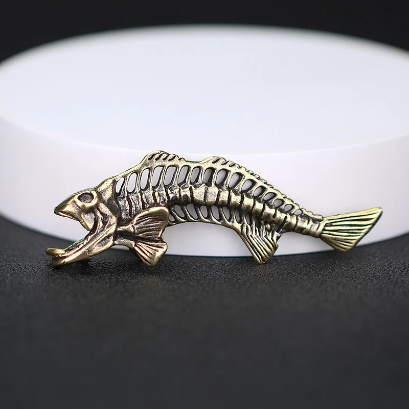 Retro Brass Fish Bone Car KeyChains Figurine Miniature Small Ornament Copper Animal Feng Shui Crafts Home Decoration Accessories