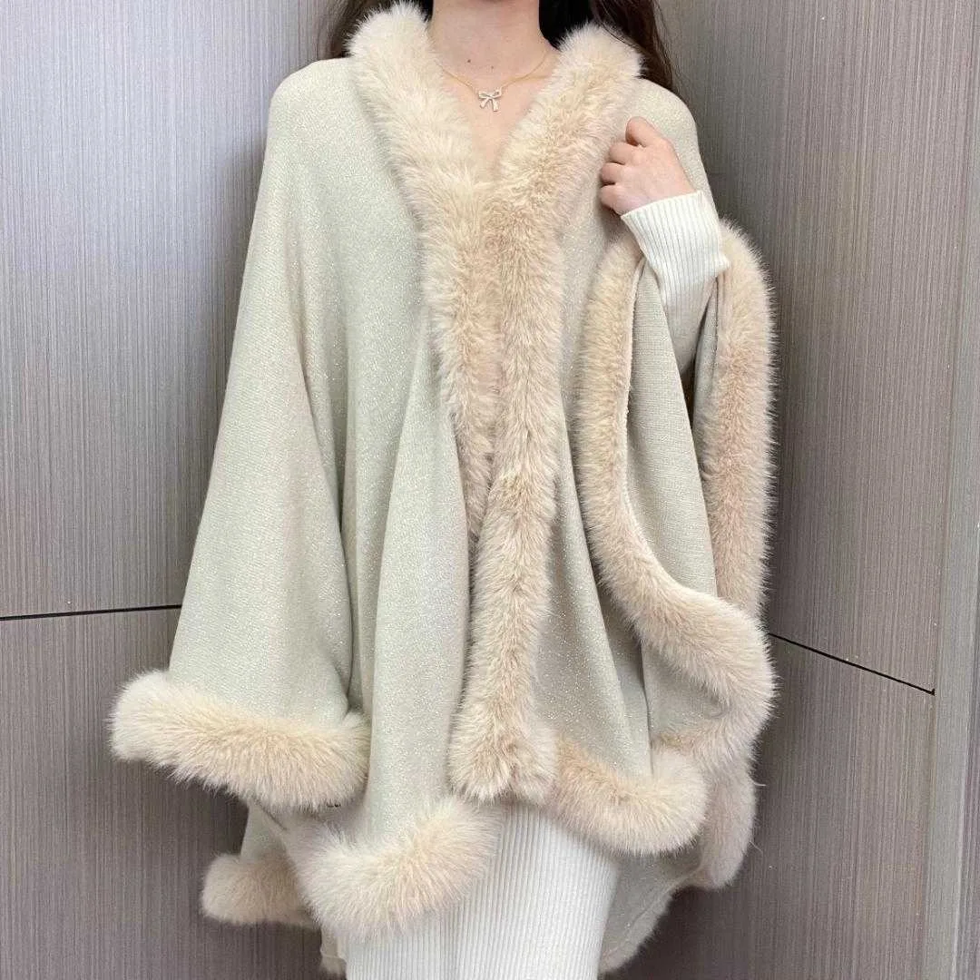 Hot Sale Bright Silk Golden Fox Shawl Poncho Cape Autumn Winter New Elegant Socialite Large Size Woolen Coat for Women