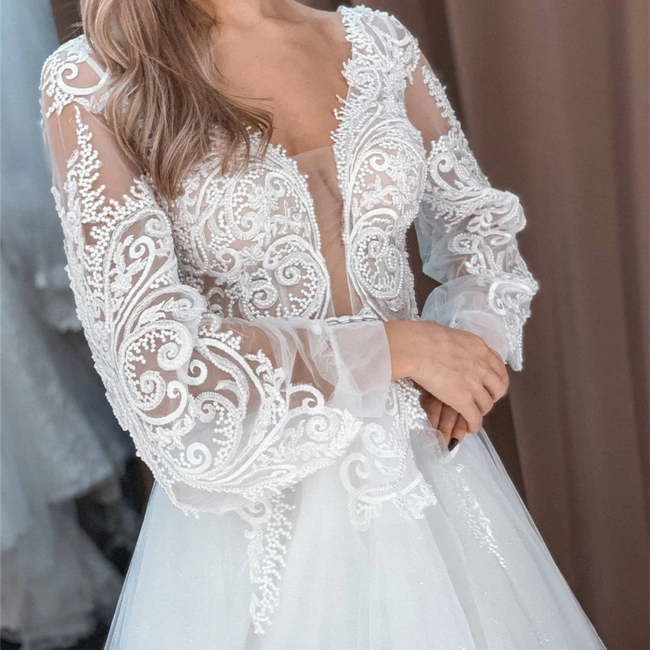 Elegante Brautkleider A-Linie V-Ausschnitt Langarm rücken freie Spitze Applikationen Tüll Sweep Zug Brautkleid Vestidos de Noiva