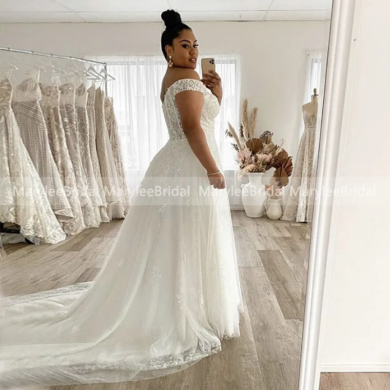 MaryLeeBrial Plus Size Lace Wedding Dresses Off Shoulder Long Train Bride Dress White Ivory Appliques Custom vestidos de novia