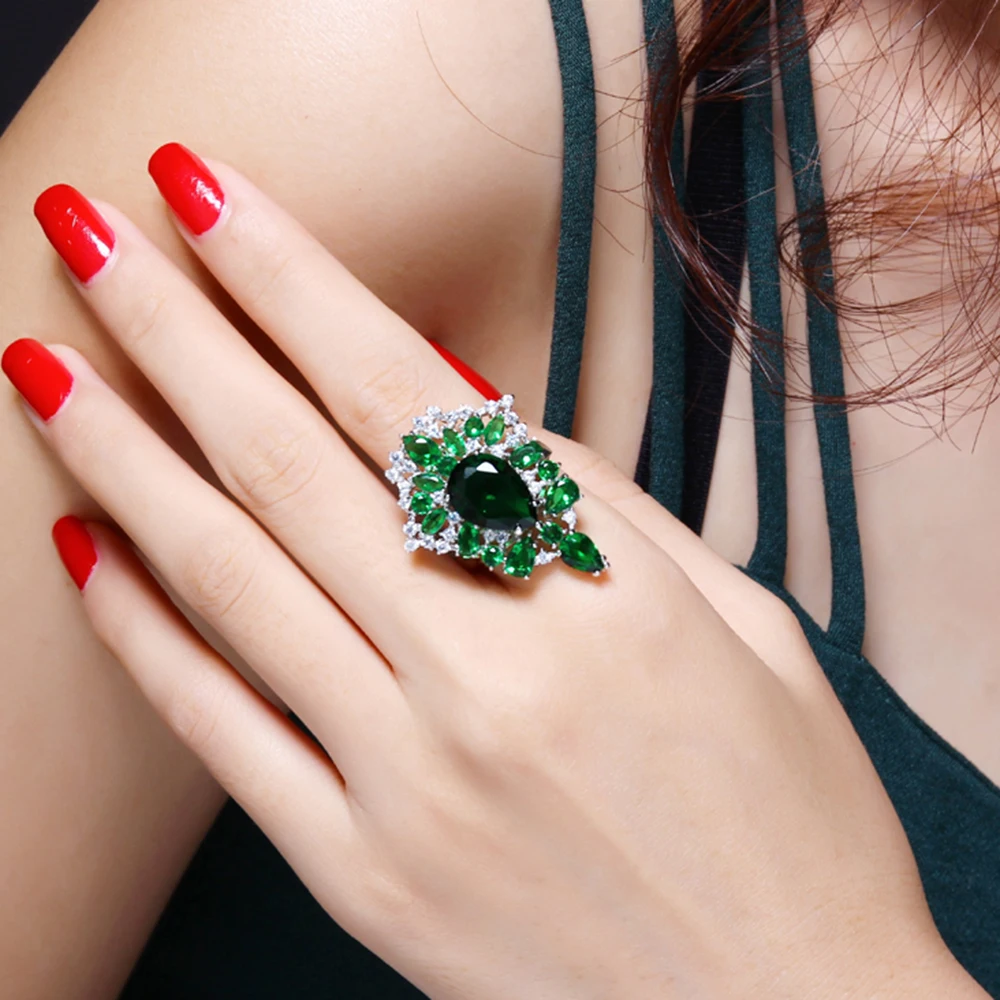 

YLMyself Statement Ring Women Long CZ Crystal Blue Red Green Champagne Color Fashion Jewelry