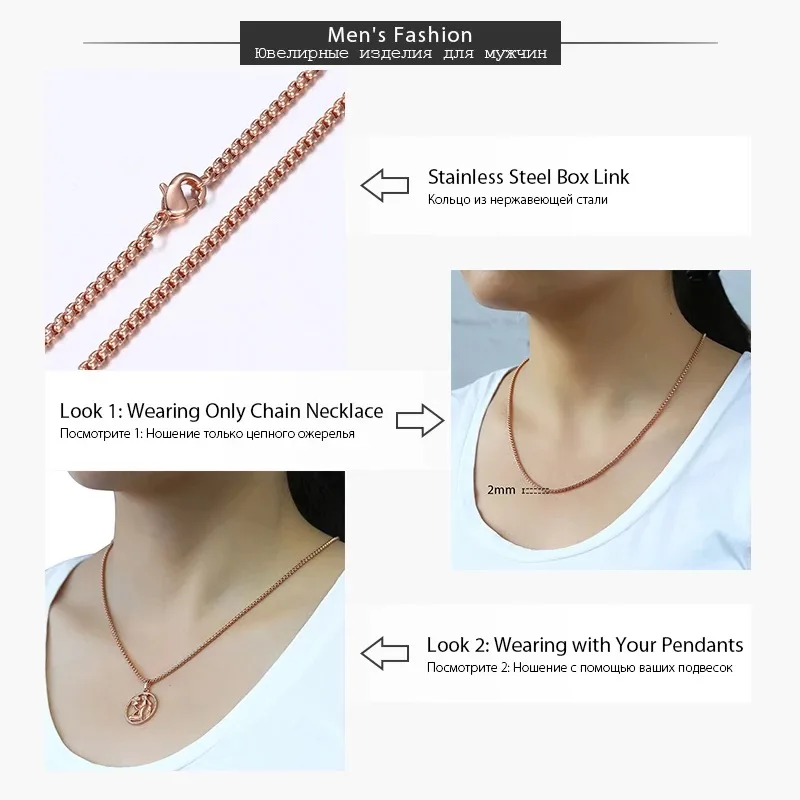 Fashion Simple 2mm Round Box Chain Necklaces For Women Men Stainless Steel Never Fade Rose Gold Color Tone Solid Metal KN555A