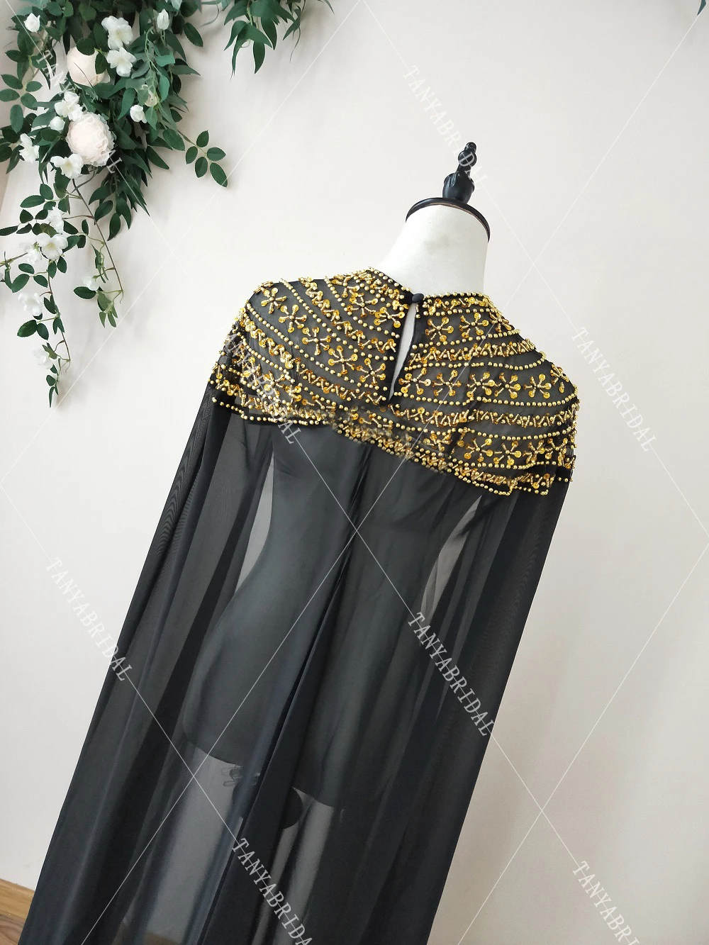 

Fashion Bridal Shawl Afrcan Event Evening Accessories Long Cape Black Luxury Beaded Wedding Cape Gold Beads DJ131