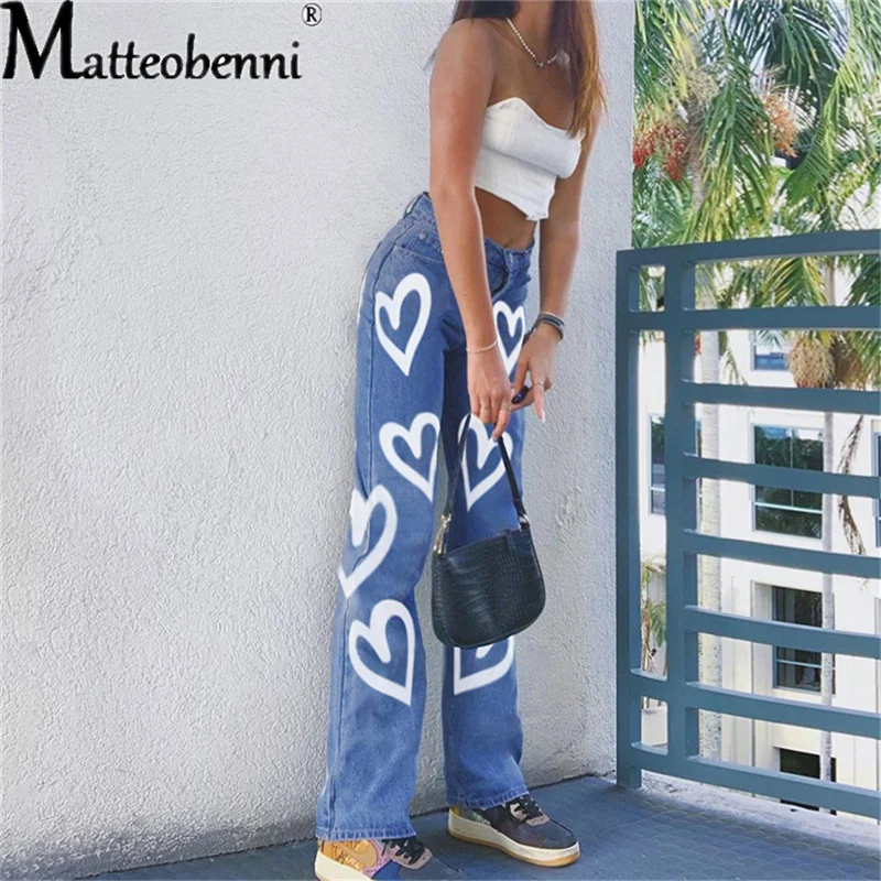 Women's New Spring And Summer Fashion Large Size Loose High Waist Jeans Street Clothes Heart-Shaped Printing Straight Leg Pants