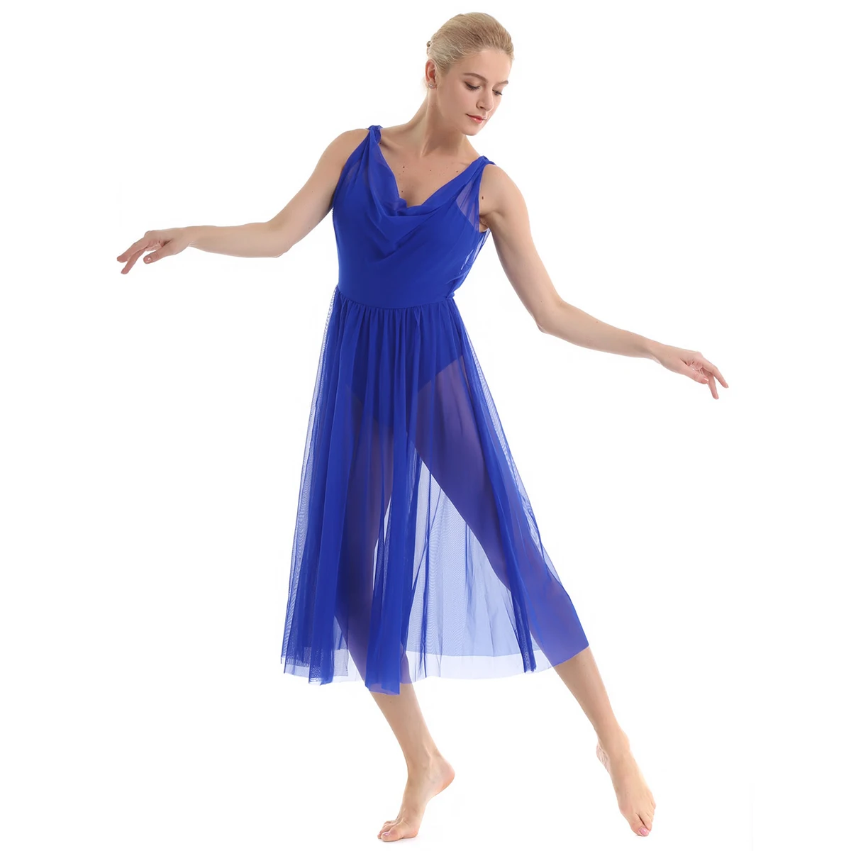 Vrouwen Mouwloze Mesh Ballet Turnpakje Dress Split voor Ingebouwde Plank Beha Gymnastiek Turnpakje Volwassen Stadium Lyrische Dans Kostuums