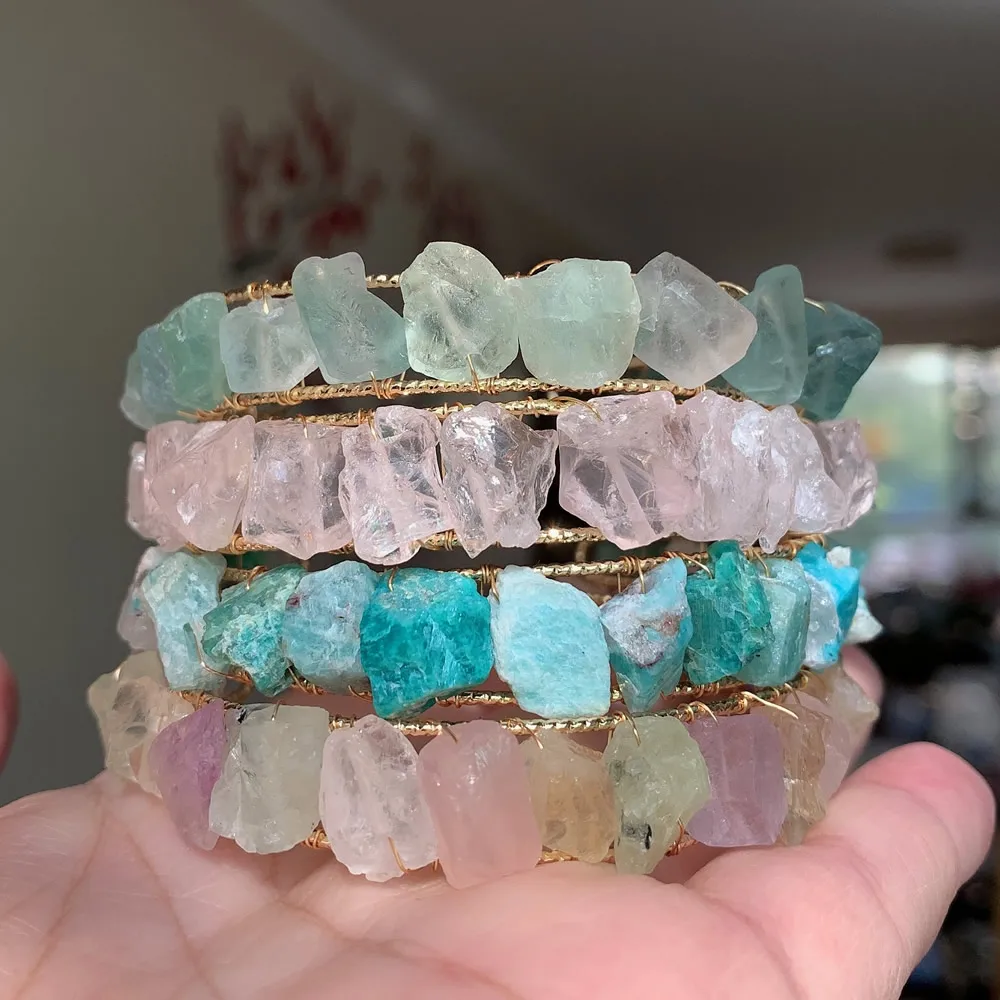 Wire Wrapped Crystal Bracelets Gold Color Open Natural Amazonite Fluorite Quartz Healing Stone Rock Pink Crystal Cuff Bangle