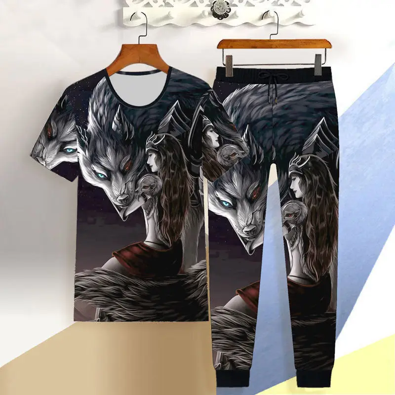 

Fashion casual dragon figure men's 3D beauty and beast short-sleeved T-shirt trousers 2-piece large size loose dragon print suit