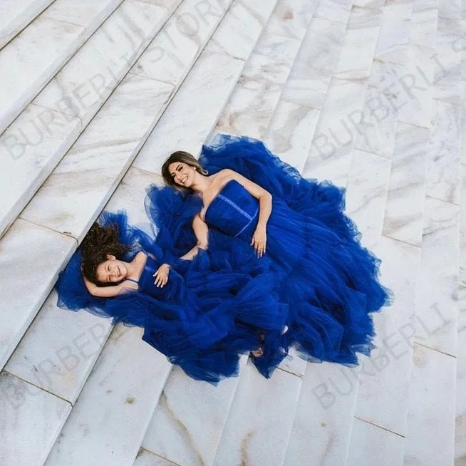 Royal Blue Mommy & Me Tulle Puffy Dress Ruffled Tiered A-line Dresses Floor Length Strapless Fromal Party Gown Custom made