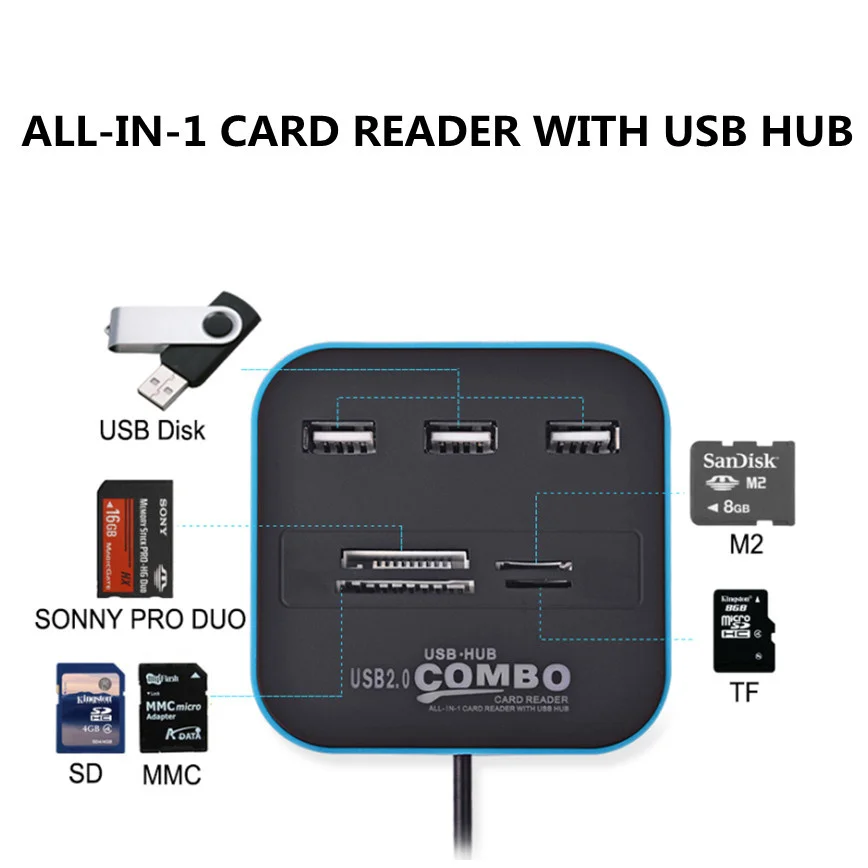 Grwibeou  USB Hub Combo 3 Ports USB 2.0 Micro Card Reader SD/TF USB Splitter Hub Combo All In One for PC Computer Accessories