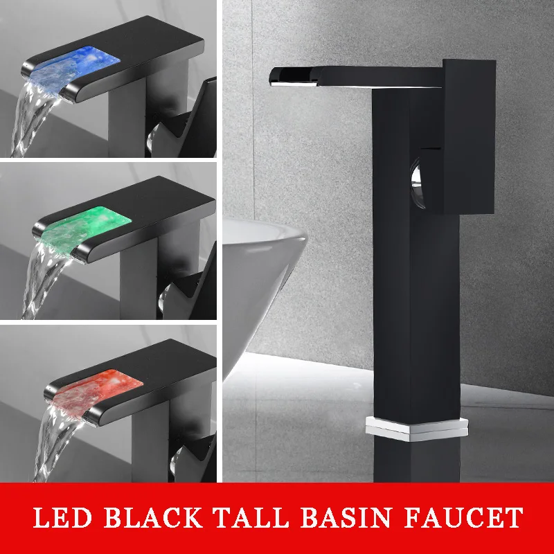 

BAKALA Bathroom LED Waterfall Faucet Sink Basin Mixer Tap Square Bathroom Mixer Tap Chrome or Black BR-714