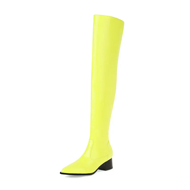 2021 Autumn Winter Over the Knee Boots Low Square Heel Pointed Toe Women Long Boots Fluorescent Yellow Zipper Boots for Women