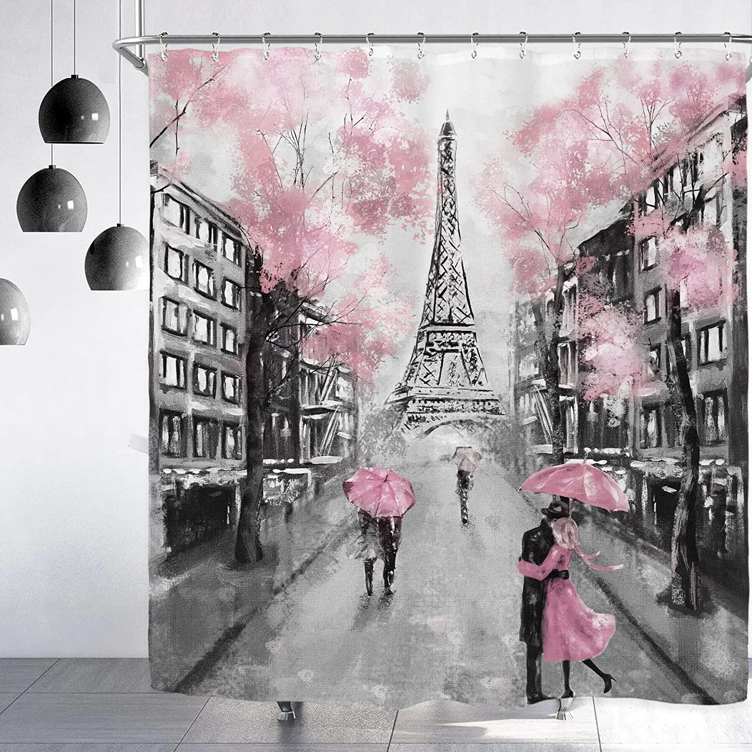 Paris Eiffel Tower Shower Curtain Vintage French Landscape Scenery Romantic Oil Painting Street Couple Pink Bathroom Decor Set