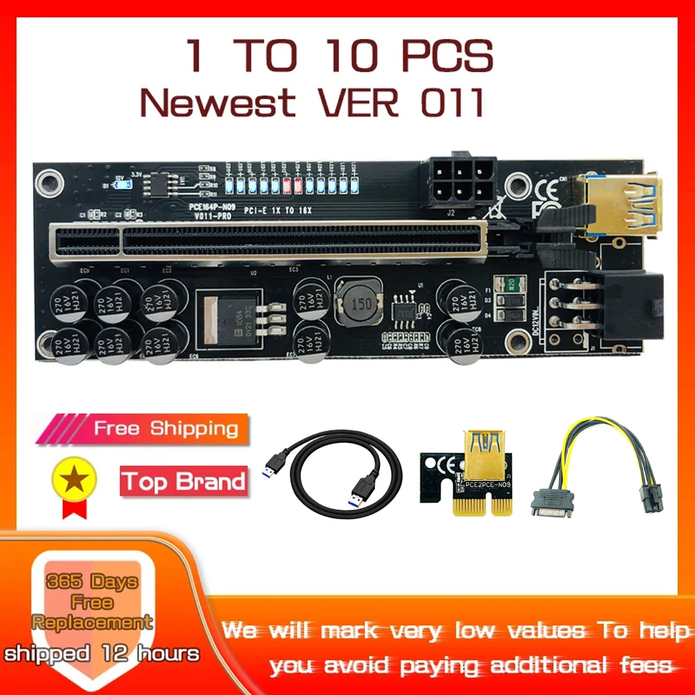 

1-10PCS Newest VER011 USB 3.0 PCIE Riser VER 011 Express 1X 4x 8x 16x Extender Riser Adapter Card SATA 15pin to 6pin Power Cable