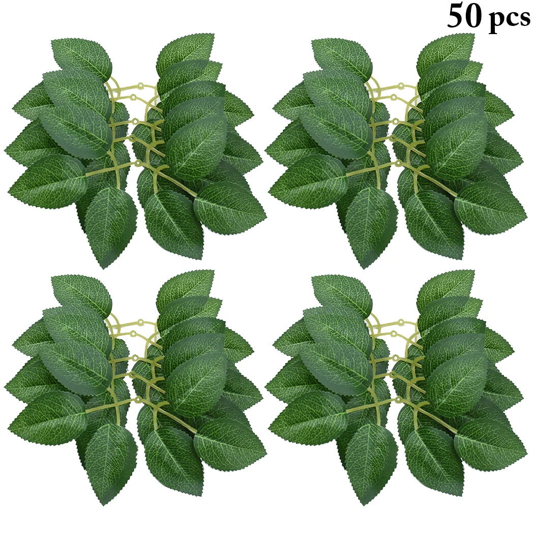 

50PCS Artificial Rose Leaf Mini Silk Cloth Fake Rose Leaf Lifelike Faux Greenery Stem DIY Office Ornaments Festival Home Decor