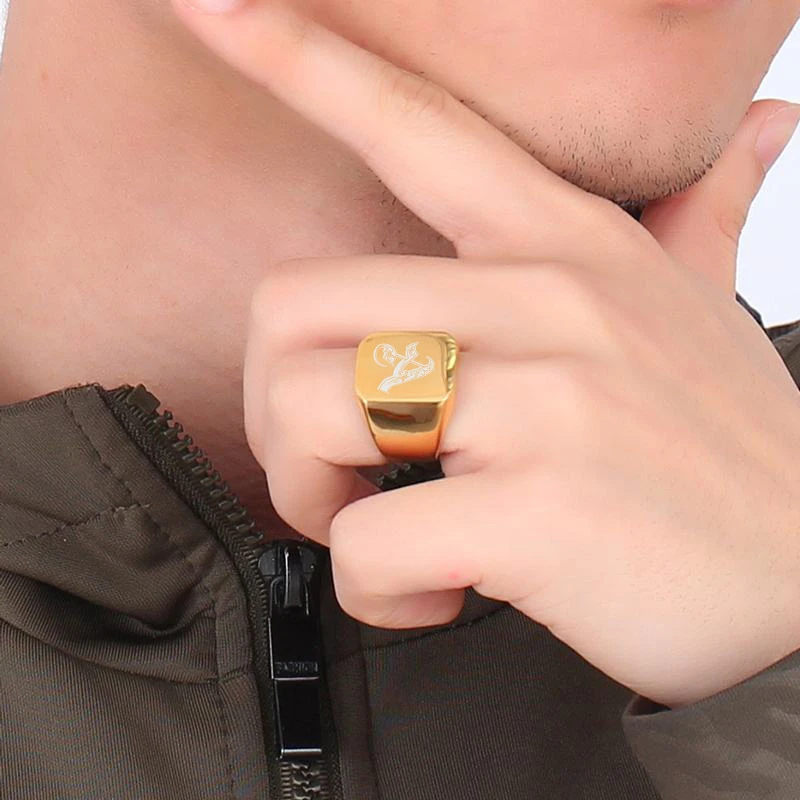 Vnox Heavy A-Z Initial Stamp Ring for Men Gold Color Solid