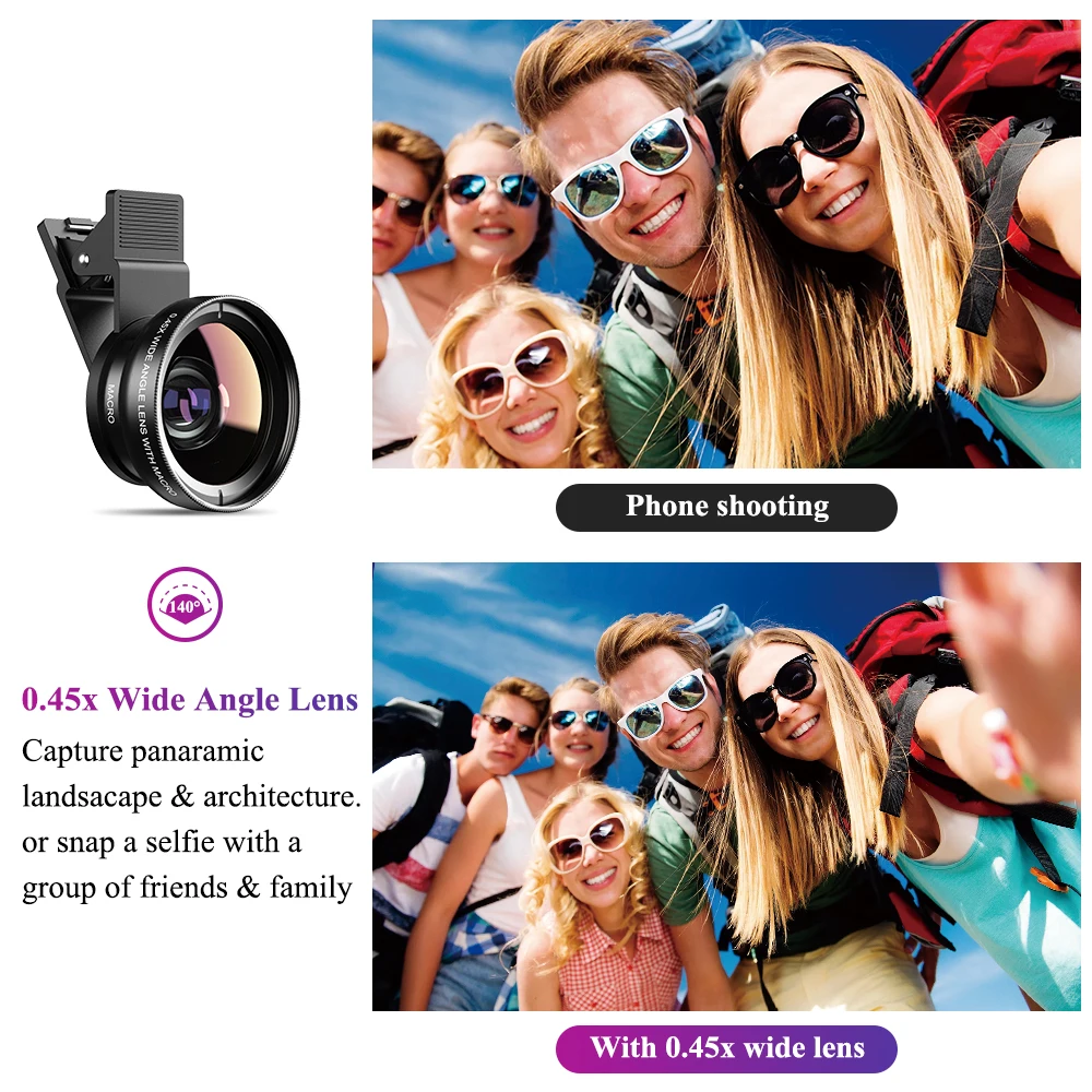 APEXEL 2 in 1 Phone Camera Lens kit 0.45x  Wide Angle & 12.5x  Macro Lens HD Camera Lentes for iphone ios android smartphones