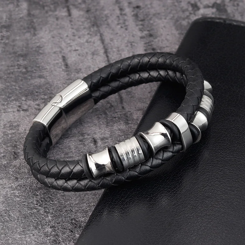 Luxury Fashion Geometric Design Multi-layer Men's Leather Stainless Steel Bracelet  Selection Magnet Bracelet Gift
