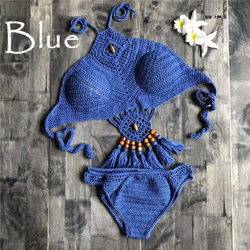 New Summer Crochet Women Solid Bikini Set Sexy Halter Tie Bra Swimsuit Swimwear Triangle Bather Suit Swimming Suit Biquini