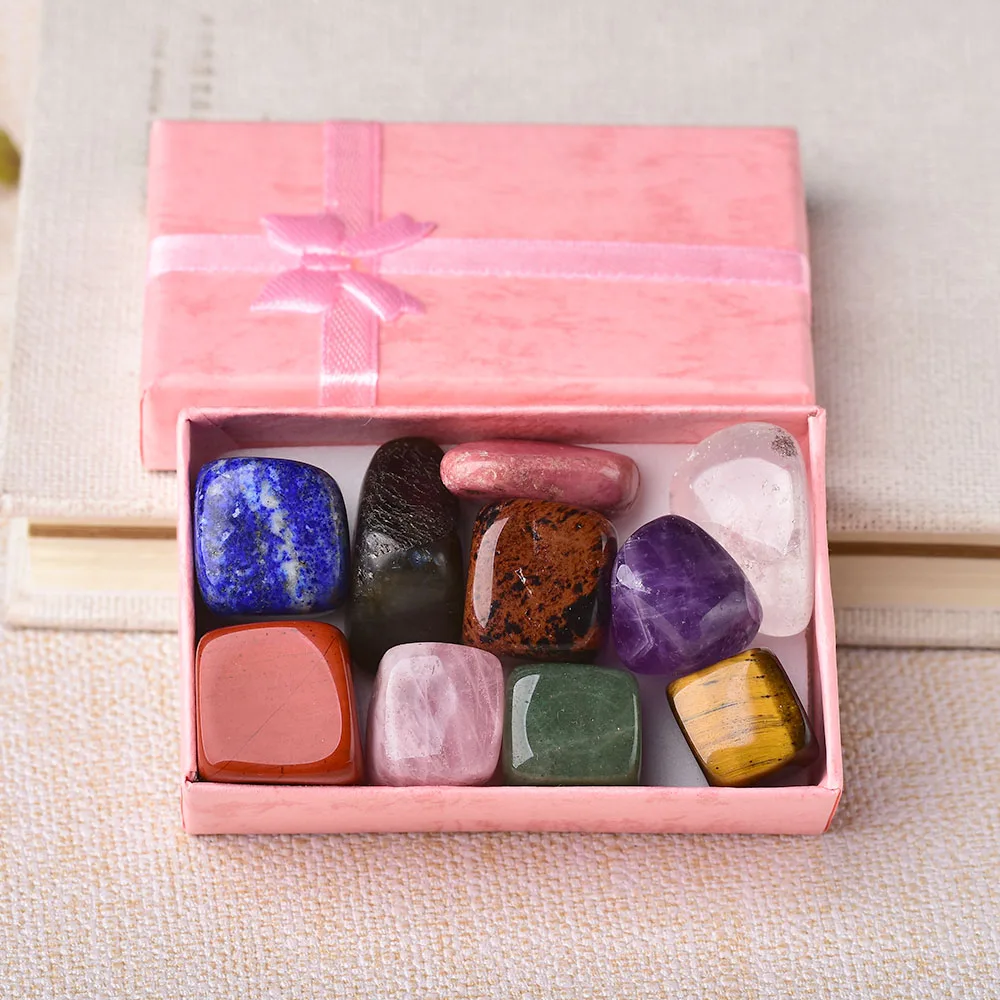 10PCS/Set Natural Stone Crystal Gemstone Chakras Healing Stone Quartz Mineral Ornaments Home Decoration Gifts Box for Children
