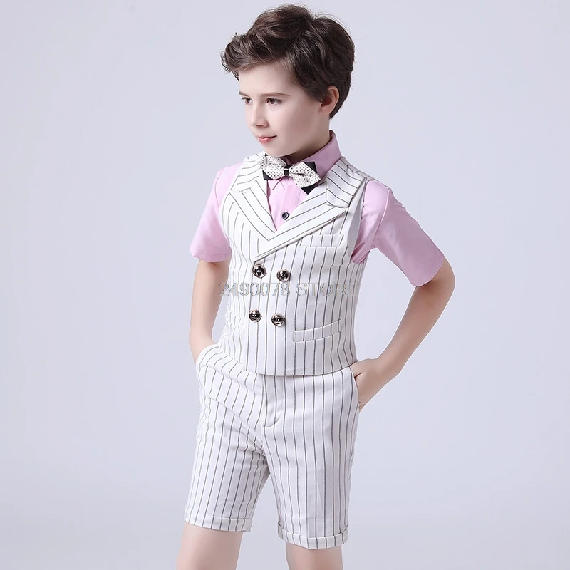 

Flower Boys Summer Luxurious Suit Prince Noble Vest Shirt Shorts Strap Bowtie 5Pcs Dress Children Piano Performance Costume