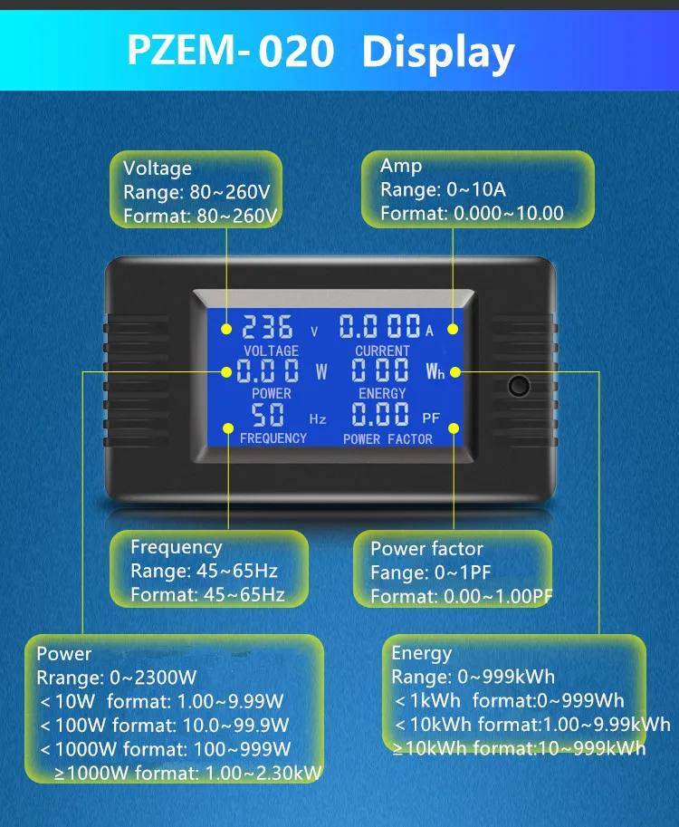 Einphasiges digitales Wattmeter, Leistungsanzeige, AC 220 V, 6-in-1, Strom, Spannung, Leistung, Frequenz, Energiezähler PZEM-022 mit geteiltem CT – Detail 6
