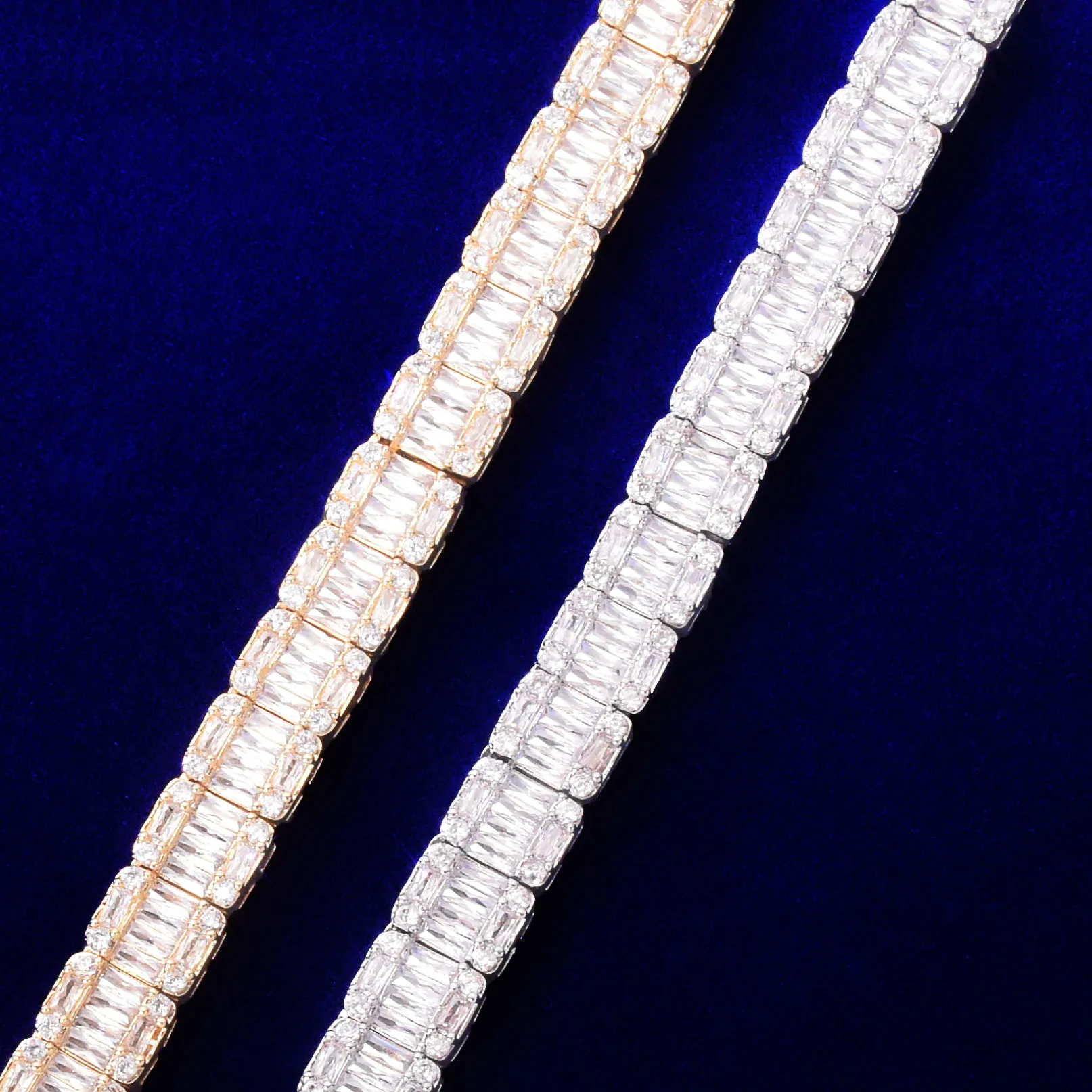 9MM Baguette Zircon Bracelet Chain Men\'s Trendy Cool Hip Hop Link Gold Color Plated Copper Bling Rock Jewelry