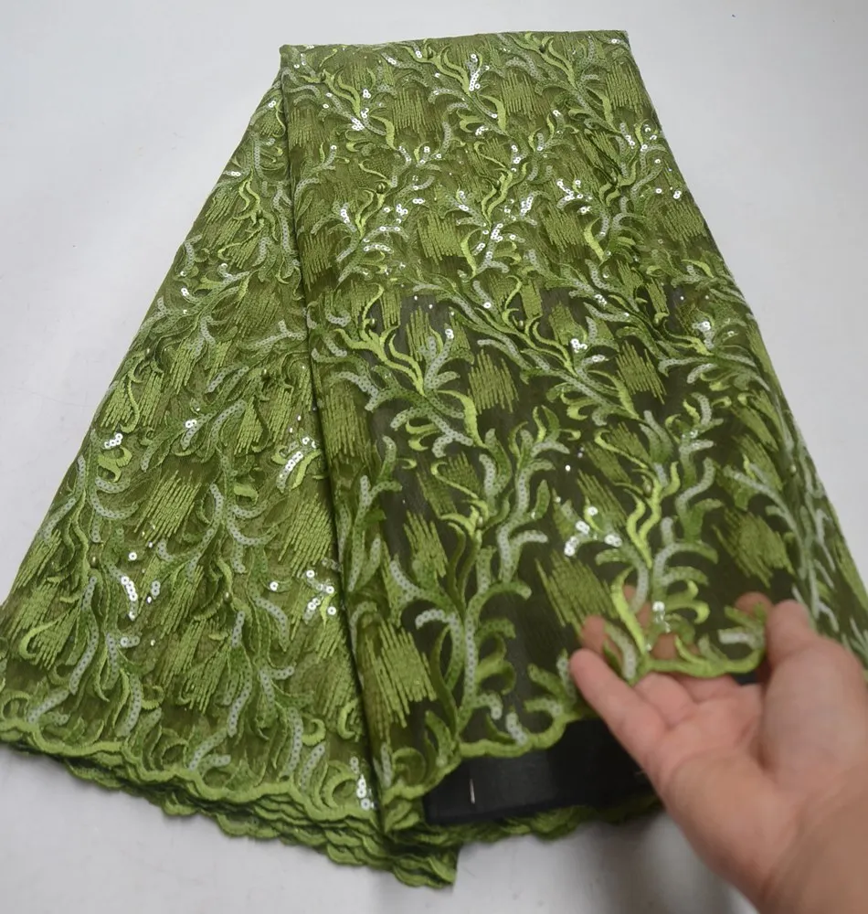 

French African Lace Fabric Green Guipure Sequined french tulle lace fabrics Nigerian Mesh Lace Fabric for Wedding Dres TS8530